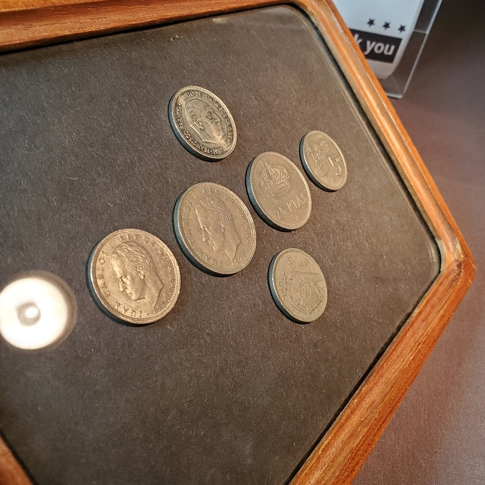 Vintage Assorted Spain coin Collection in Wooden Display Frame - 6 Coins